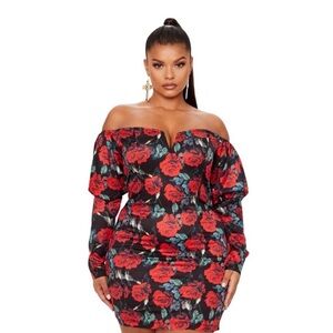 PrettyLittleThing Red Floral Long Sleeve Dress